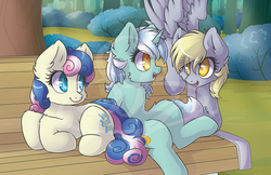 Size: 1530x990 | Tagged: safe, artist:sapphfyr, bon bon, derpy hooves, lyra heartstrings, sweetie drops, earth pony, pegasus, pony, unicorn, g4, bench, cheek fluff, chest fluff, colored pupils, cute, ear fluff, female, fluffy, flying, looking at each other, mare, meme, prone, sitting, sitting lyra, smiling, spread wings, trio, watermark, wings