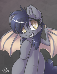 Size: 1200x1556 | Tagged: safe, artist:sapphfyr, oc, oc only, oc:ketch, bat pony, pony, colored pupils, cute, fangs, female, grin, mare, simple background, smiling, solo, spread wings, wings