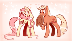 Size: 1386x794 | Tagged: safe, artist:waackery, applejack, fluttershy, pony, g4, blushing, female, gradient background, hatless, heart, lesbian, looking at each other, missing accessory, mouth hold, ship:appleshy, shipping