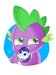 Size: 768x1024 | Tagged: safe, artist:pdcdraws, rarity, spike, dragon, pony, unicorn, g4, baby, baby dragon, cute, green eyes, male, nervous, plushie, signature, spikabetes, sweat