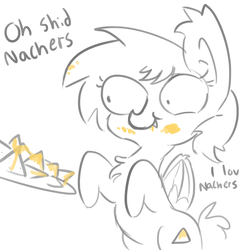 Size: 1280x1280 | Tagged: safe, artist:tjpones, oc, oc only, bat pony, pony, :t, bipedal, chest fluff, chips, digital art, eyes on the prize, female, food, mare, messy, messy eating, nachos, simple background, smiling, solo, spread wings, white background, wide eyes, wings