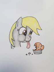 Size: 756x1008 | Tagged: safe, artist:emberpon3, derpy hooves, pony, g4, crumbs, female, food, muffin, puffy cheeks, simple background, solo, tongue out, traditional art