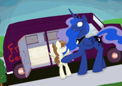 Size: 910x640 | Tagged: safe, artist:fatalqueef, featherweight, princess luna, alicorn, pegasus, pony, g4, /ss/, 4chan, bed, butt touch, colt, coltnapping, crown, drawthread, eye contact, female, foalnapping, free candy, hoof on butt, jewelry, kidnapped, looking at each other, male, mare, mattress, peytral, rape van, regalia, van