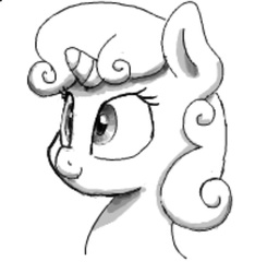 Size: 494x528 | Tagged: safe, artist:fatalqueef, sweetie belle, pony, unicorn, g4, bust, female, filly, grayscale, monochrome, simple background, smiling, solo, white background