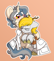 Size: 1200x1337 | Tagged: safe, artist:dativyrose, oc, oc only, deer pony, original species, pony, unicorn, antlers, clothes, cute, duo, floppy ears, hug, lab coat, oc x oc, orange background, outline, shipping, simple background, sleeping, tired, unshorn fetlocks, white outline