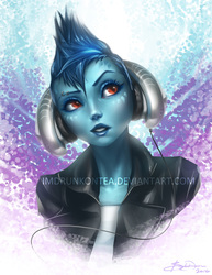 Size: 835x1080 | Tagged: safe, artist:imdrunkontea, princess ember, human, g4, gauntlet of fire, bronycan, bust, charity, clothes, female, headphones, humanized, jacket, leather jacket, listening, portrait, print, punk, signature, solo, watermark