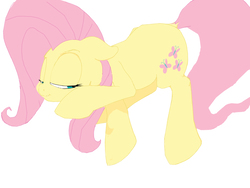 Size: 2048x1536 | Tagged: safe, artist:fatalqueef, fluttershy, earth pony, pony, g4, dock, earth pony fluttershy, explicit description, explicit source, female, floppy ears, lidded eyes, looking back, race swap, simple background, smiling, solo, white background, wingless