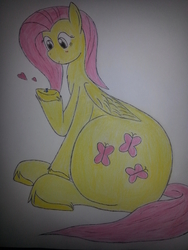 Size: 2448x3264 | Tagged: safe, artist:taurson, fluttershy, oc, earth pony, pegasus, pony, g4, blushing, cute, giant pony, heart, high res, macro, sitting, traditional art, unshorn fetlocks