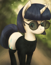 Size: 1139x1441 | Tagged: safe, artist:plotcore, rarity, pony, unicorn, g4, alternate hairstyle, clothes, female, glasses, mare, socks, solo, sweater, translation request