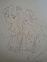 Size: 2448x3264 | Tagged: safe, artist:taurson, fluttershy, bird, cardinal, pegasus, pony, g4, bastion (overwatch), female, floppy ears, high res, mare, monochrome, overwatch, solo, traditional art