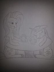 Size: 2448x3264 | Tagged: safe, artist:taurson, fluttershy, twilight sparkle, alicorn, pegasus, pony, g4, drool, drunk, drunk twilight, drunkershy, female, floppy ears, high res, lidded eyes, mare, monochrome, mug, sitting, traditional art, twilight sparkle (alicorn)