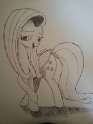 Size: 720x960 | Tagged: safe, artist:taurson, fluttershy, pegasus, pony, g4, crossed legs, lidded eyes, monochrome, open mouth, traditional art