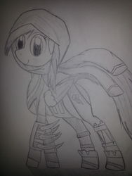 Size: 2448x3264 | Tagged: safe, artist:taurson, rainbow dash, pegasus, pony, g4, clothes, female, greaves, high res, hood, mare, monochrome, scarf, solo, traditional art