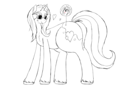 Size: 2039x1378 | Tagged: safe, artist:taurson, oc, oc only, oc:cee biscuit, oc:tea biscuit, earth pony, pony, unicorn, blushing, female, heart, macro, male, mare, partial color, simple background, size difference, stallion, unshorn fetlocks, white background