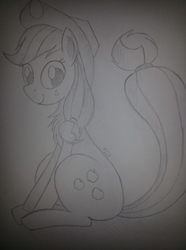 Size: 714x960 | Tagged: safe, artist:taurson, applejack, earth pony, pony, g4, female, monochrome, sitting, smiling, solo, traditional art