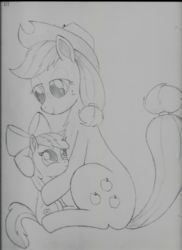 Size: 5100x7014 | Tagged: safe, artist:taurson, apple bloom, applejack, earth pony, pony, g4, absurd resolution, apple siblings, cute, female, hug, mare, monochrome, sibling love, siblings, sisterly love, sisters, traditional art