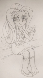 Size: 1102x2000 | Tagged: safe, artist:mrtheamazingdude, angel bunny, fluttershy, equestria girls, g4, female, monochrome, sitting, solo, traditional art