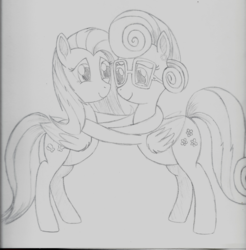 Size: 5100x5178 | Tagged: safe, artist:taurson, fluttershy, posey shy, pegasus, pony, g4, absurd resolution, cute, female, hug, mare, monochrome, mother and daughter, smiling, traditional art