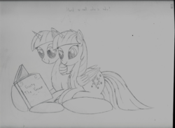 Size: 7014x5100 | Tagged: safe, artist:taurson, twilight sparkle, twilight velvet, alicorn, pony, unicorn, g4, absurd resolution, book, cute, female, mare, monochrome, mother and daughter, reading, traditional art, twilight sparkle (alicorn)