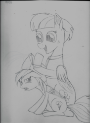 Size: 5100x7014 | Tagged: safe, artist:taurson, rainbow dash, windy whistles, pegasus, pony, g4, absurd resolution, annoyed, female, mare, monochrome, mother and daughter, open mouth, smiling, traditional art, younger