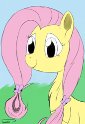 Size: 697x1018 | Tagged: safe, artist:taurson, fluttershy, pegasus, pony, g4, alternate hairstyle, bust, cute, female, hair tie, mare, pigtails, portrait, smiling, solo