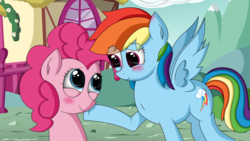 Size: 3264x1836 | Tagged: safe, artist:zsparkonequus, pinkie pie, rainbow dash, earth pony, pegasus, pony, g4, female, lesbian, looking at each other, mare, ponyville, ship:pinkiedash, shipping, smiling