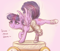 Size: 2300x1960 | Tagged: safe, artist:plotcore, twilight sparkle, alicorn, pony, a royal problem, g4, ballerina, butt shake, clothes, colored, dialogue, do the sparkle, female, grin, mare, raised tail, simple background, smiling, solo, spread wings, tail, tutu, twilarina, twilight sparkle (alicorn), wings