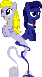 Size: 6400x11685 | Tagged: safe, artist:parclytaxel, oc, oc only, oc:azure wrath, oc:timey marey, earth pony, genie, genie pony, pegasus, pony, .svg available, absurd resolution, angry, bottle, clock, collar, female, frown, gem, mare, open mouth, raised hoof, simple background, smiling, tangled up, transparent background, vector