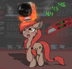 Size: 2000x1939 | Tagged: safe, artist:orang111, oc, oc only, oc:a-10, oc:trinity, cpu pony, earth pony, object pony, original species, pony, amd, bios, blushing, brown coat, chest fluff, cooling fan, cpu, ear fluff, open mouth, overclocking, ponified, raised hoof, red mane, software, solo, tongue out