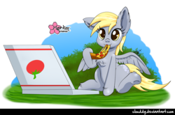 Size: 1209x800 | Tagged: safe, artist:clouddg, derpy hooves, pegasus, pony, g4, rock solid friendship, :3, chest fluff, cute, eating, female, food, mare, pizza, pizza box, sitting, solo, underhoof