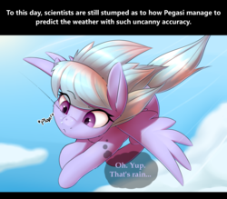 Size: 2400x2100 | Tagged: safe, artist:captainpudgemuffin, cloudchaser, pegasus, pony, g4, cloud, commission, cute, cutechaser, female, flying, high res, innocence, mare, rain, solo, spread wings, thought bubble, wings