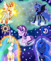 Size: 2500x3000 | Tagged: safe, artist:liniitadash23, daybreaker, nightmare moon, princess celestia, princess luna, starlight glimmer, alicorn, pony, unicorn, a royal problem, g4, female, high res, mare, royal sisters, show accurate, sisters