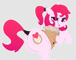 Size: 1209x957 | Tagged: safe, artist:lunarmarshmallow, oc, oc only, oc:marshmallow, earth pony, pony, beauty mark, butt, clothes, coat, eyeshadow, female, jacket, lidded eyes, lipstick, looking at you, makeup, mare, open mouth, plot, ponytail, simple background, solo, tail wrap, the ass was fat