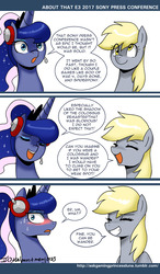 Size: 800x1371 | Tagged: safe, artist:johnjoseco, derpy hooves, princess luna, alicorn, pegasus, pony, ask gaming princess luna, gamer luna, g4, blushing, comic, cute, derpabetes, e3, eyes closed, female, lesbian, lunabetes, mare, ship:lunaderp, shipping, speech bubble