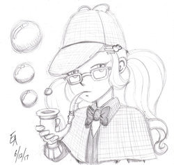 Size: 800x762 | Tagged: safe, artist:mayorlight, sugarcoat, equestria girls, g4, my little pony equestria girls: friendship games, bubble, bubble pipe, deerstalker, detective, female, glasses, hat, monochrome, pencil drawing, sherlock holmes, traditional art