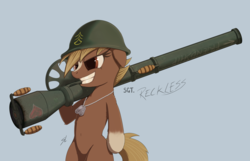 Size: 1489x958 | Tagged: source needed, safe, artist:lockerobster, artist:transgressors-reworks, pony, dog tags, grin, gun, heart, helmet, military pony, recoilless rifle, sergeant reckless, smiling, solo, warpone, weapon