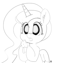 Size: 1280x1388 | Tagged: safe, artist:pabbley, princess luna, alicorn, pony, g4, 30 minute art challenge, cute, eating, female, lunabetes, mare, monochrome, mushroom, open mouth, simple background, solo, tripping, white background, wide eyes
