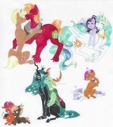 Size: 628x706 | Tagged: safe, artist:frozensoulpony, babs seed, big macintosh, button mash, princess celestia, queen chrysalis, scootaloo, starlight glimmer, sweetie belle, thorax, trenderhoof, changedling, changeling, earth pony, pony, unicorn, g4, chrysarax, crack shipping, female, gay, incest, king thorax, kiss on the lips, kissing, lesbian, male, mare, scootamash, ship:babsbelle, shipping, stallion, starlestia, straight, traditional art, trendermac
