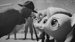 Size: 1920x1080 | Tagged: safe, artist:facelesssoles, fluttershy, pinkie pie, twilight sparkle, pony, g4, 3d, crossover, monochrome, soldier, soldier (tf2), team fortress 2