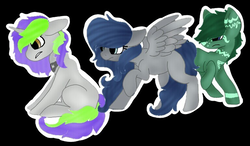 Size: 768x449 | Tagged: oc name needed, safe, artist:maydeathdousapart, oc, oc only, oc:frenzy nuke, earth pony, pegasus, pony, unicorn, base used, collar, simple background