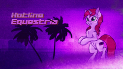 Size: 2560x1440 | Tagged: safe, artist:orang111, artist:sgtwaflez, oc, oc only, oc:littlepip, pony, unicorn, fallout equestria, fanfic, fanfic art, female, horn, hotline miami, mare, palm tree, retrowave, solo, tree, wallpaper