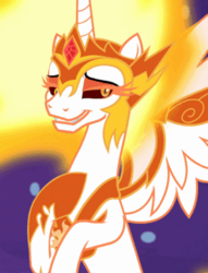 Size: 296x388 | Tagged: safe, screencap, daybreaker, alicorn, pony, a royal problem, g4, cropped, female, lidded eyes, looking at you, mare, smiling, smirk, solo, spread wings, wings