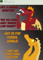 Size: 600x844 | Tagged: safe, artist:queencold, garble, oc, oc:caldera, dragon, ask caldera, g4, ask, dialogue, dragon oc, dragoness, duo, female, gray background, implied princess ember, male, mother, mother and son, simple background, teenaged dragon, tumblr
