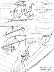 Size: 1280x1707 | Tagged: safe, artist:tillie-tmb, oc, oc only, oc:tempest, pony, unicorn, comic:the amulet of shades, cloak, clothes, comic, monochrome, ocean, ship, solo