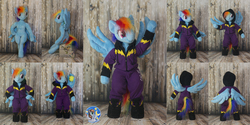Size: 1999x1000 | Tagged: safe, artist:essorille, rainbow dash, anthro, unguligrade anthro, g4, anthro plushie, clothes, costume, female, irl, photo, plushie, shadowbolt dash, shadowbolts costume, solo, volleyball