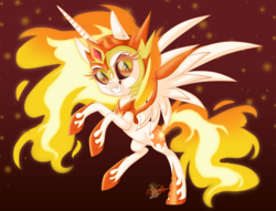 Size: 1049x800 | Tagged: safe, artist:unisoleil, daybreaker, alicorn, pony, a royal problem, g4, chibi, female, grin, mane of fire, rearing, smiling, solo, spread wings, wings
