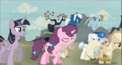 Size: 480x255 | Tagged: safe, edit, edited screencap, screencap, applejack, double diamond, fluttershy, night glider, party favor, pinkie pie, rainbow dash, rarity, sugar belle, twilight sparkle, alicorn, pony, g4, the cutie map, animated, arrow, arrowverse, crossover, cw, dc comics, equal cutie mark, equalized, gif, green arrow, nanites, oh come on, oliver queen, ray palmer, stephen amell, the flash, twilight sparkle (alicorn)