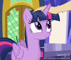 Size: 3070x2602 | Tagged: safe, artist:shutterflyeqd, twilight sparkle, alicorn, human, pony, blushing, cute, female, hand, human on pony petting, looking up, mare, offscreen character, petting, smiling, twiabetes, twilight sparkle (alicorn), twilight's castle