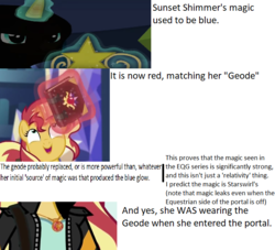 Size: 719x653 | Tagged: safe, sunset shimmer, equestria girls, equestria girls specials, g4, element of magic, female, geode of empathy, glowing horn, headcanon, horn, magic, magical geodes, text, theory