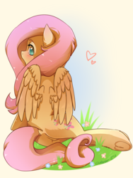 Size: 1200x1600 | Tagged: safe, artist:overnut, fluttershy, pony, g4, blushing, butt, cute, dock, featureless crotch, female, flower, grass, heart, looking at you, looking back, looking back at you, open mouth, plot, shyabetes, solo, underhoof, wings